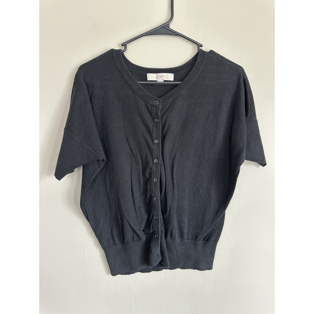 LOFT 100% Pima Cotton Short Sleeve Black Cardigan Size Small Capsule Wardrobe